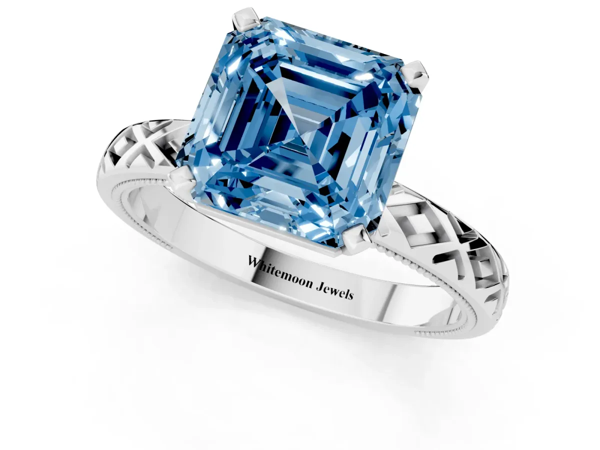 Fancy Blue Asscher Cut Solitaire Diamond Ring with Milgrain and Black Enamel X Pattern Band Silver