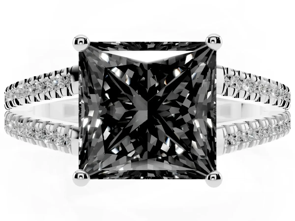 Fancy Black Princess Cut Diamond Solitaire Engagement Ring with Split Shank Pavé Band Silver