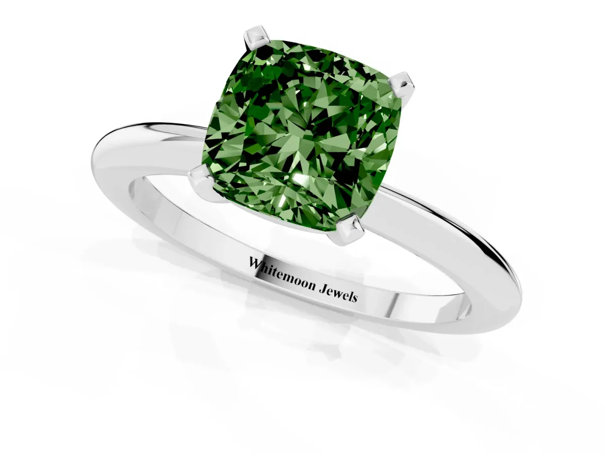 Fancy Green Cushion Cut Diamond Solitaire Ring with Prong Setting and Classic Band Silver