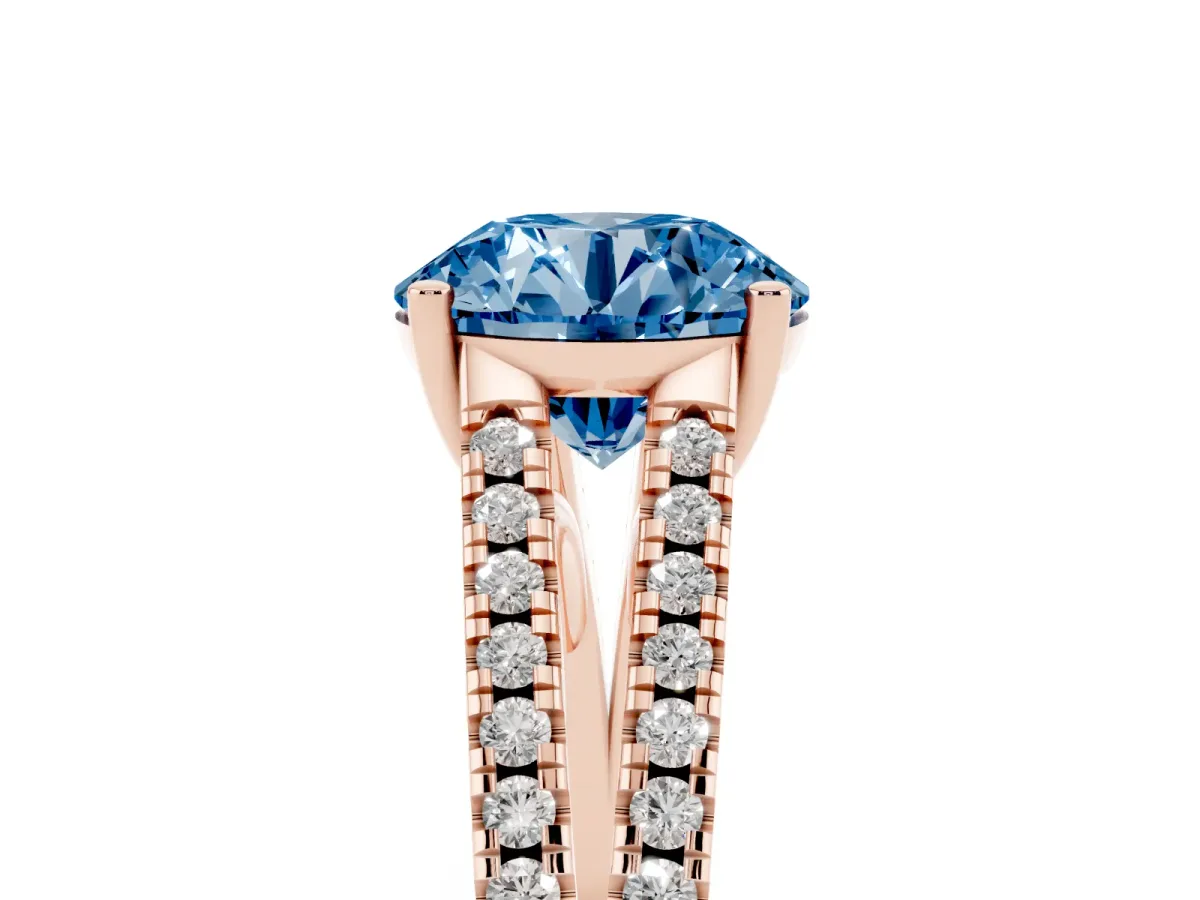 Fancy Blue Round Cut Diamond Solitaire Engagement Ring with Split Shank Pavé Band Rose gold