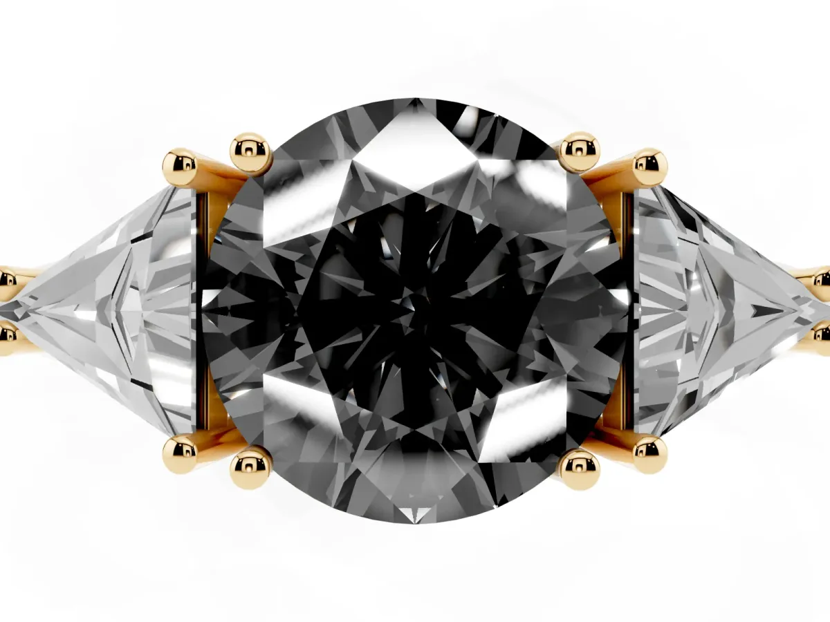 Fancy Black Three-Stone Round Cut Diamond Engagement Ring with Trillion Side Stones and Prong Setting Yellow gold