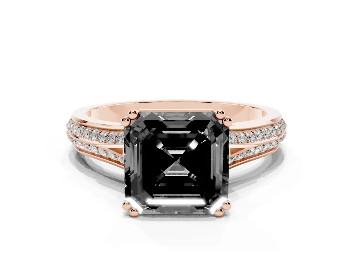 Fancy Black Asscher Cut Diamond Split Shank Engagement Ring with Pavé Band Rose gold