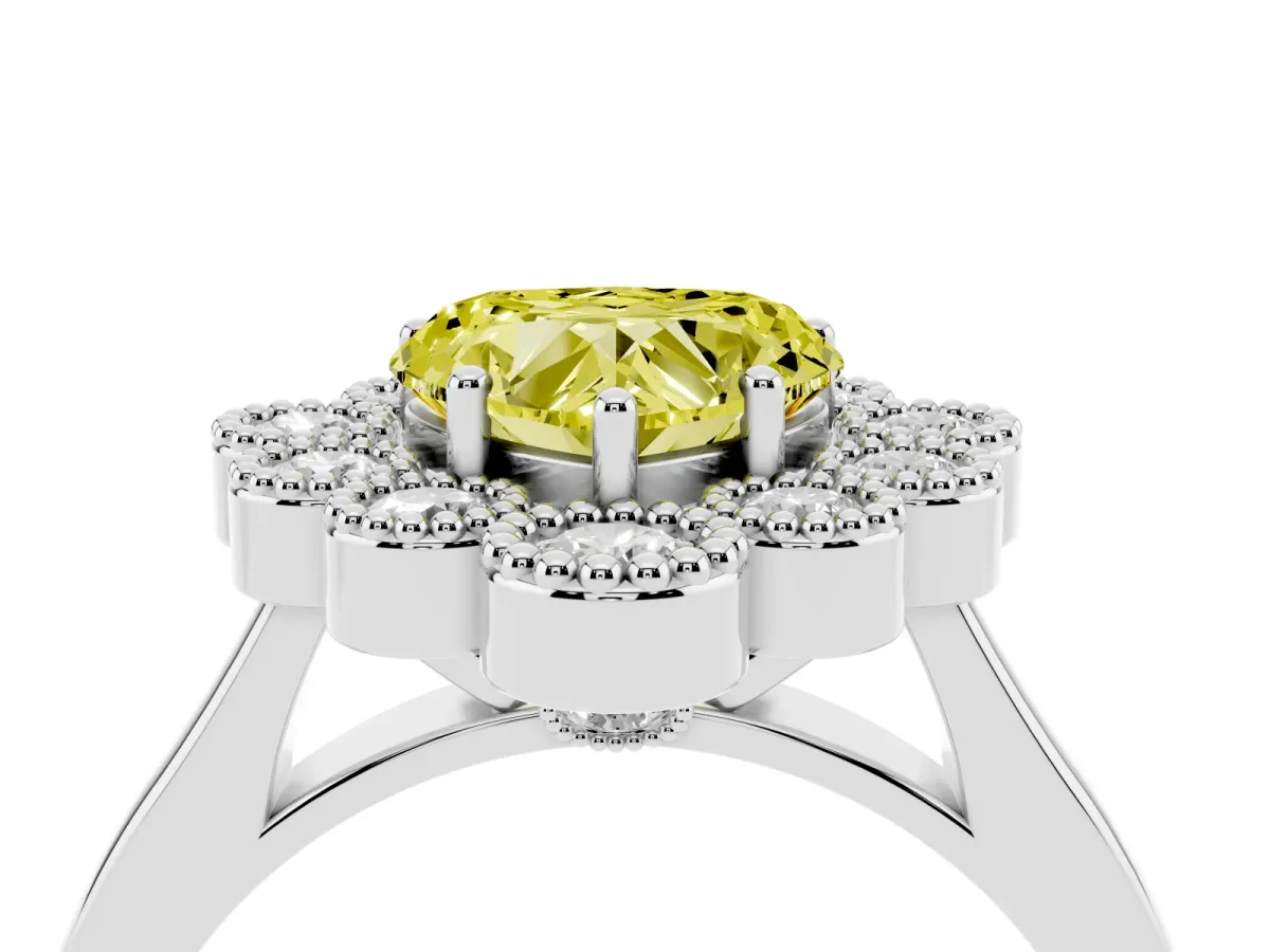 Fancy Yellow Heart Cut Halo Diamond Cluster Engagement Ring with Milgrain Bezel Setting and Solitaire Band Silver