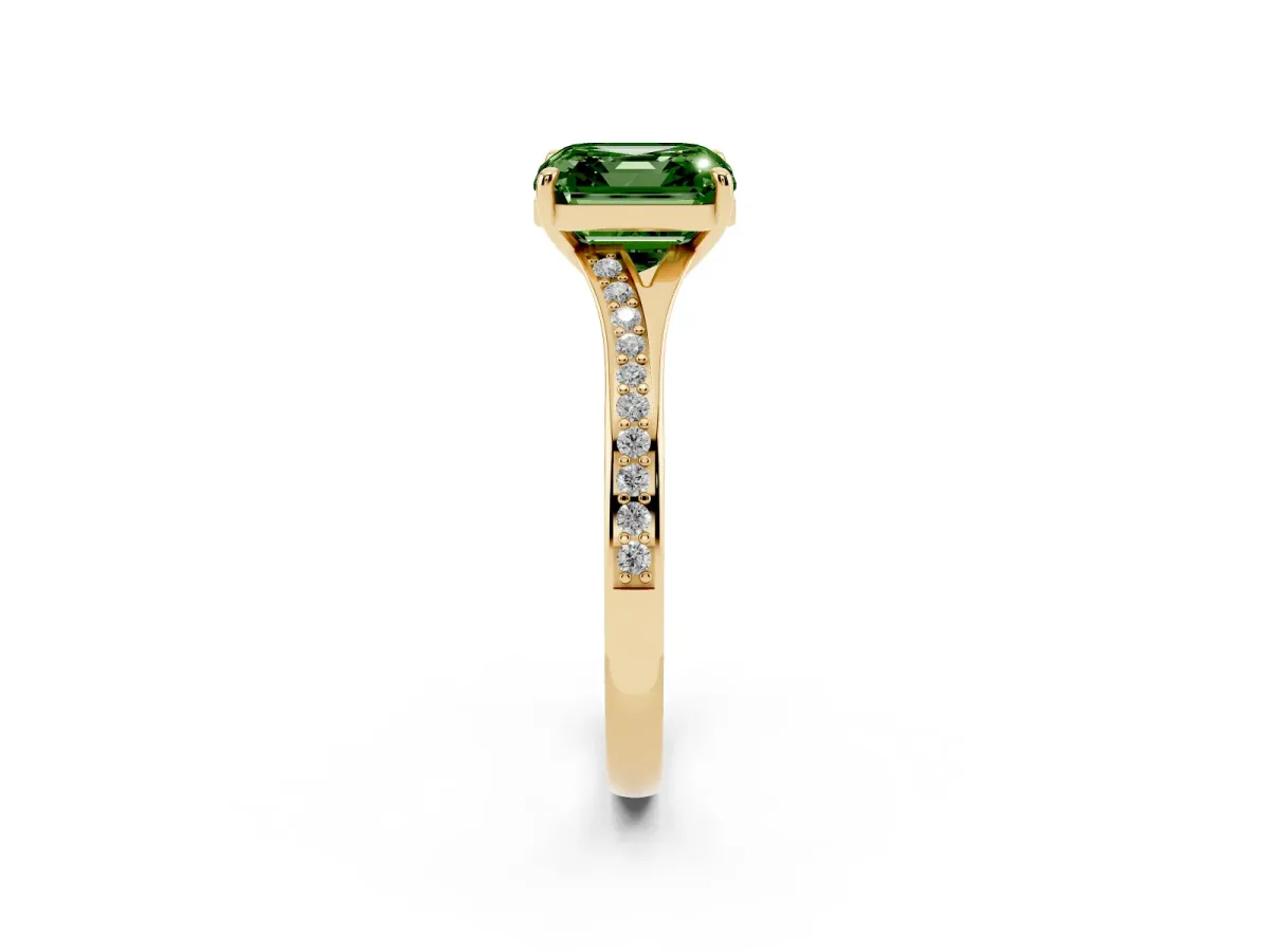 Fancy Green Asscher Cut Diamond Solitaire Ring with Pavé Band and Prong Setting Yellow gold