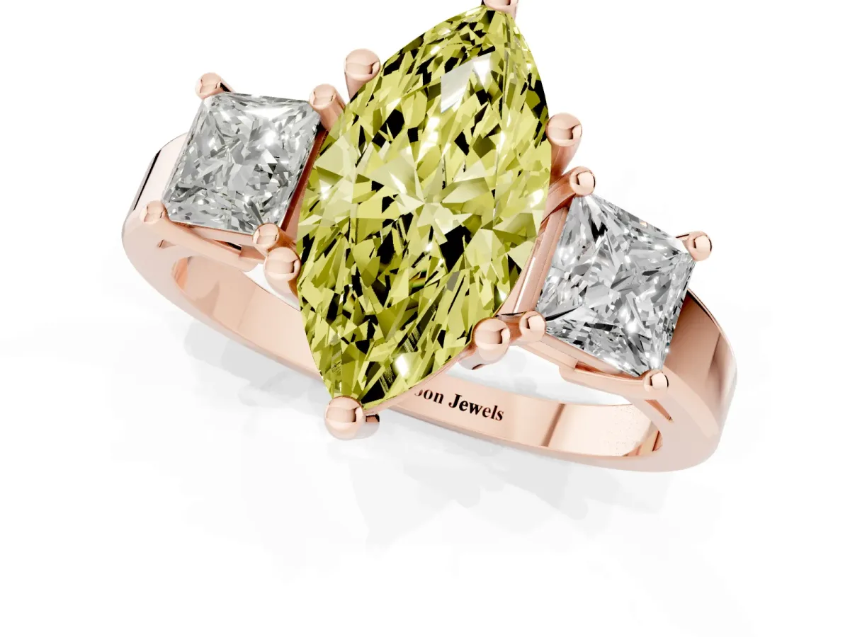 Fancy Yellow Three-Stone Marquise Cut Cut Solitaire Ring with Prong Setting Rose gold