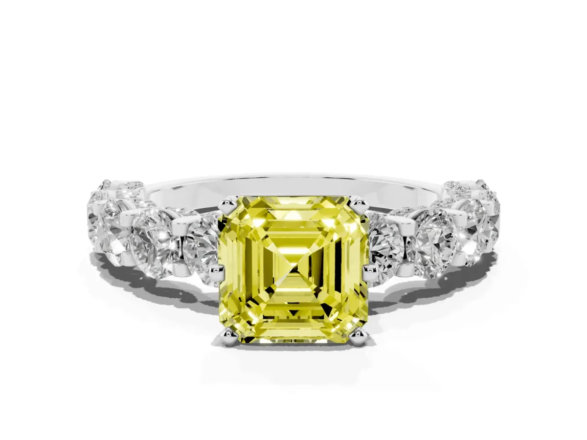 Fancy Yellow Asscher Cut Diamond Side Stone Engagement Ring with Four-Prong Setting White gold
