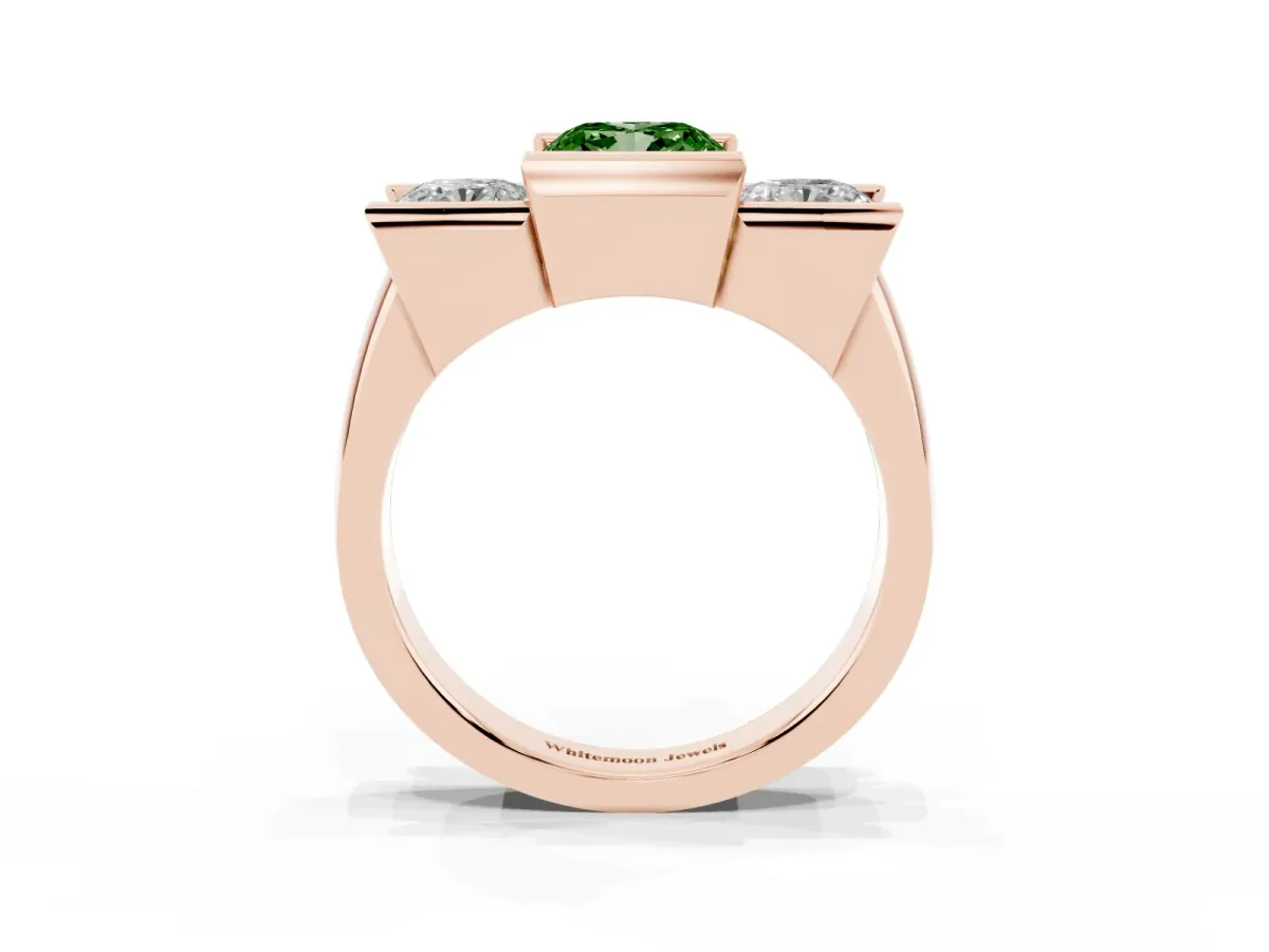Fancy Green Three Stone Cushion Cut Cut Channel Set Diamond Ring Rose gold