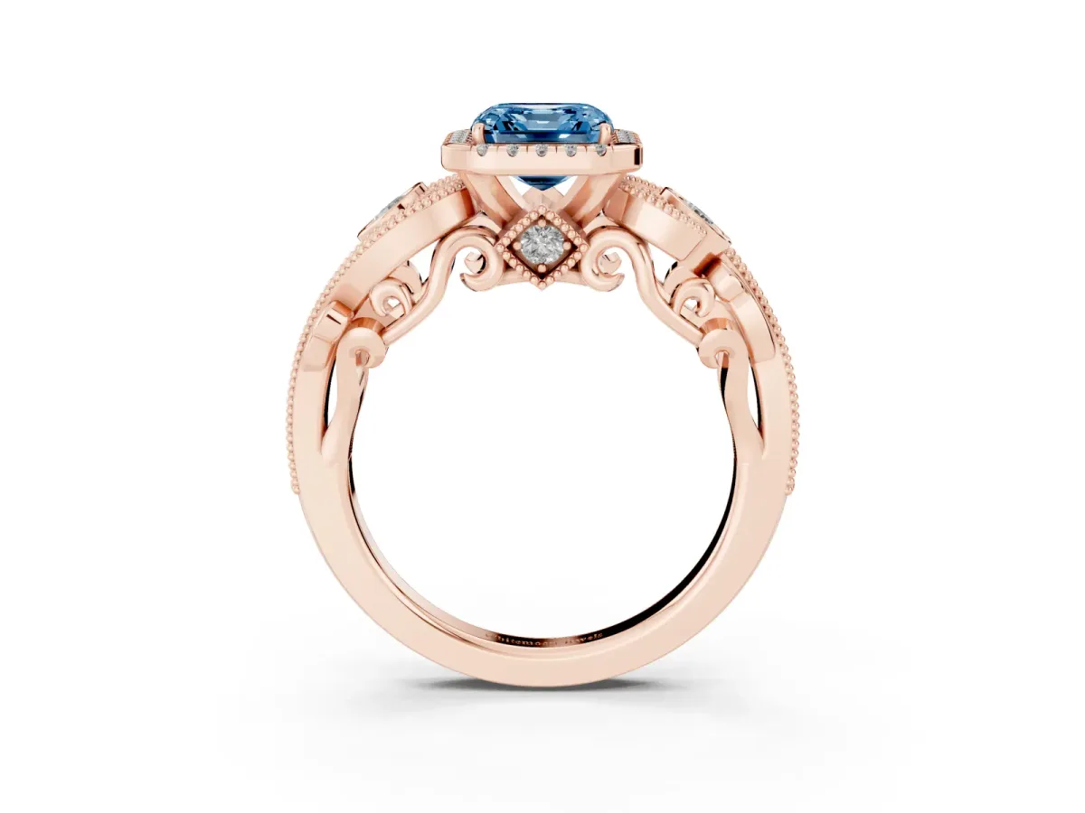 Fancy Blue Asscher Cut Halo Diamond Ring with Milgrain and Bezel Accents on a Split Shank Band Rose gold