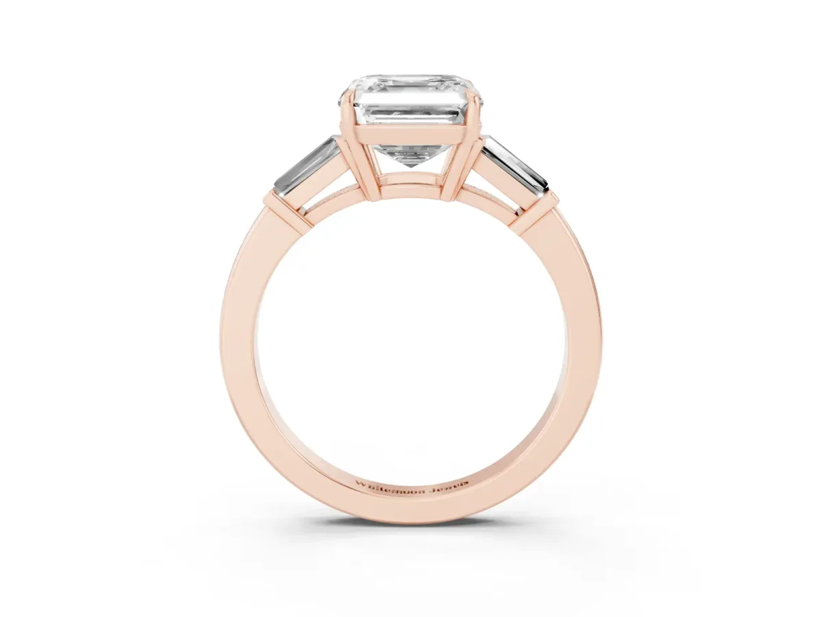 Asscher Cut Diamond Three-Stone Ring with Tapered Baguette Side Stones and Prong Setting Rose gold