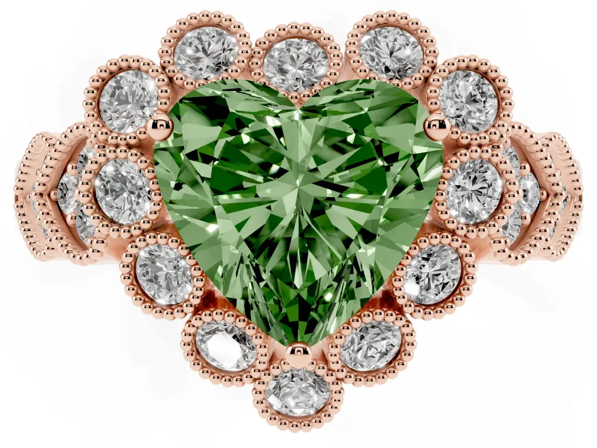 Fancy Green Heart Cut Brilliant Milgrain Pave Heart Band Solitaire Ring Rose gold
