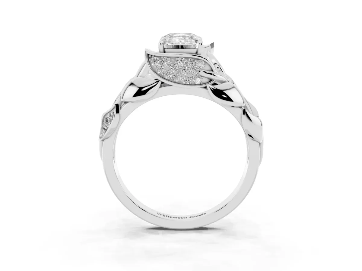Emerald Cut Diamond Leaf-Inspired Engagement Ring with Round Accents and Prong Setting Silver