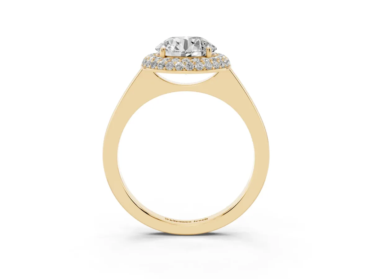 Round Cut Halo Diamond Engagement Ring with Solitaire Band and Four-Prong Setting Yellow gold