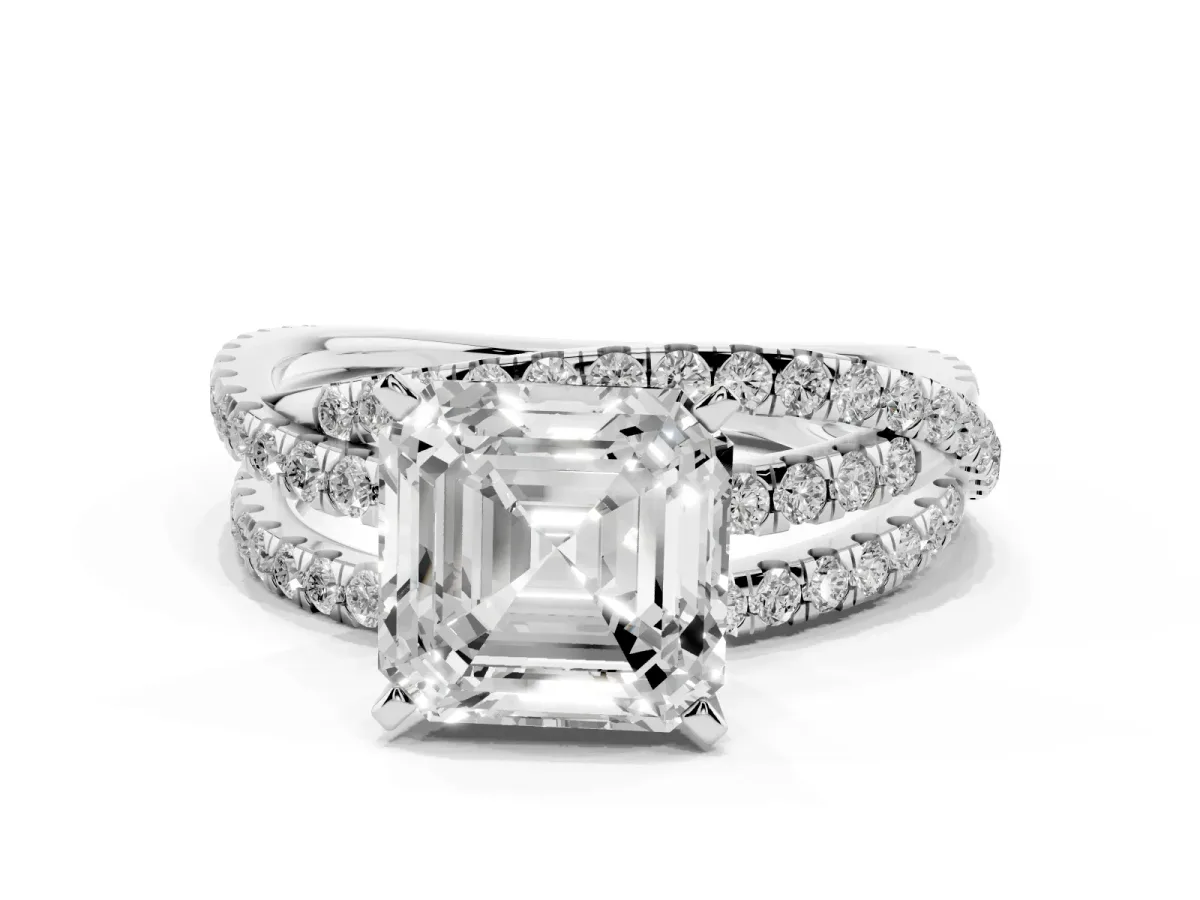 Asscher Cut Solitaire Twist Band with Pavé Setting and Four-Prong Setting Silver