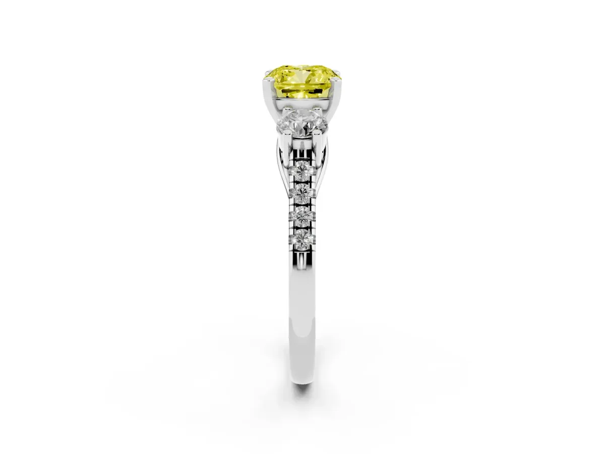 Fancy Yellow Three-Stone Cushion Cut Diamond Pavé Band with Four-Prong Setting Silver