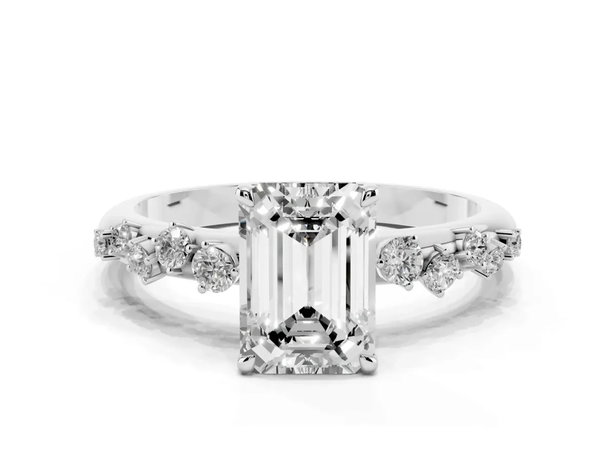 Emerald Cut Diamond Cluster Prong-Set Solitaire Ring White gold