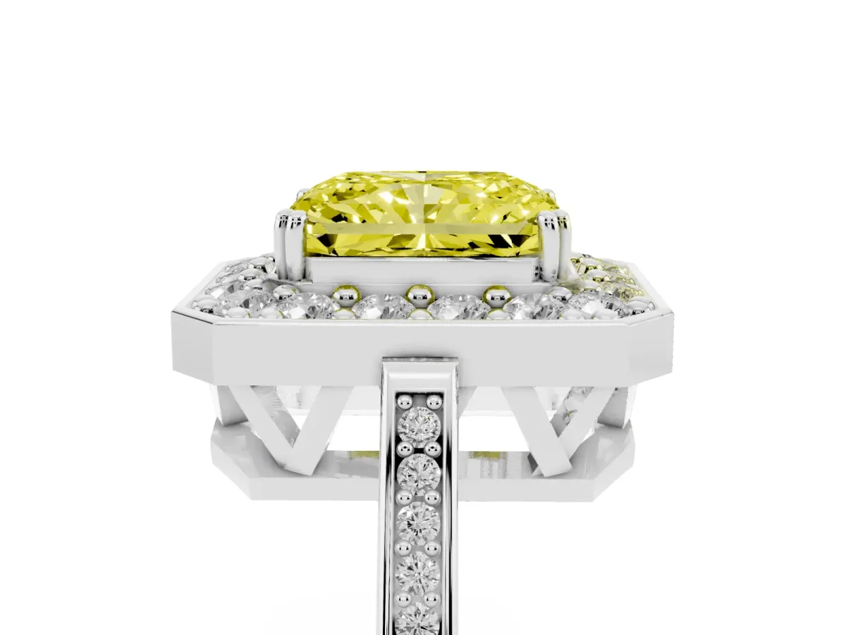 Fancy Yellow Radiant Cut Diamond Halo Ring with Split Shank and Four-Prong Setting Silver