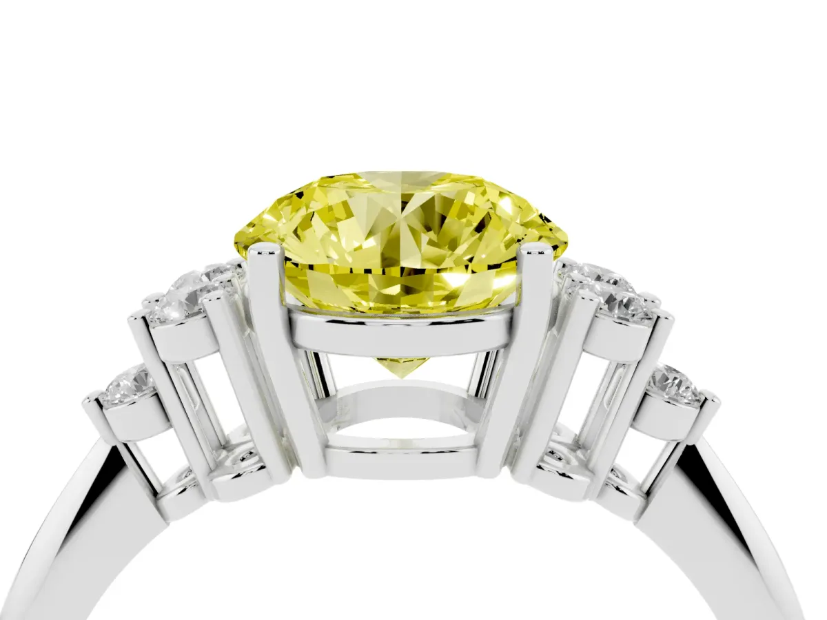 Fancy Yellow Round Cut Cut Diamond Cluster Ring with Solitaire Band and Four-Prong Setting Silver