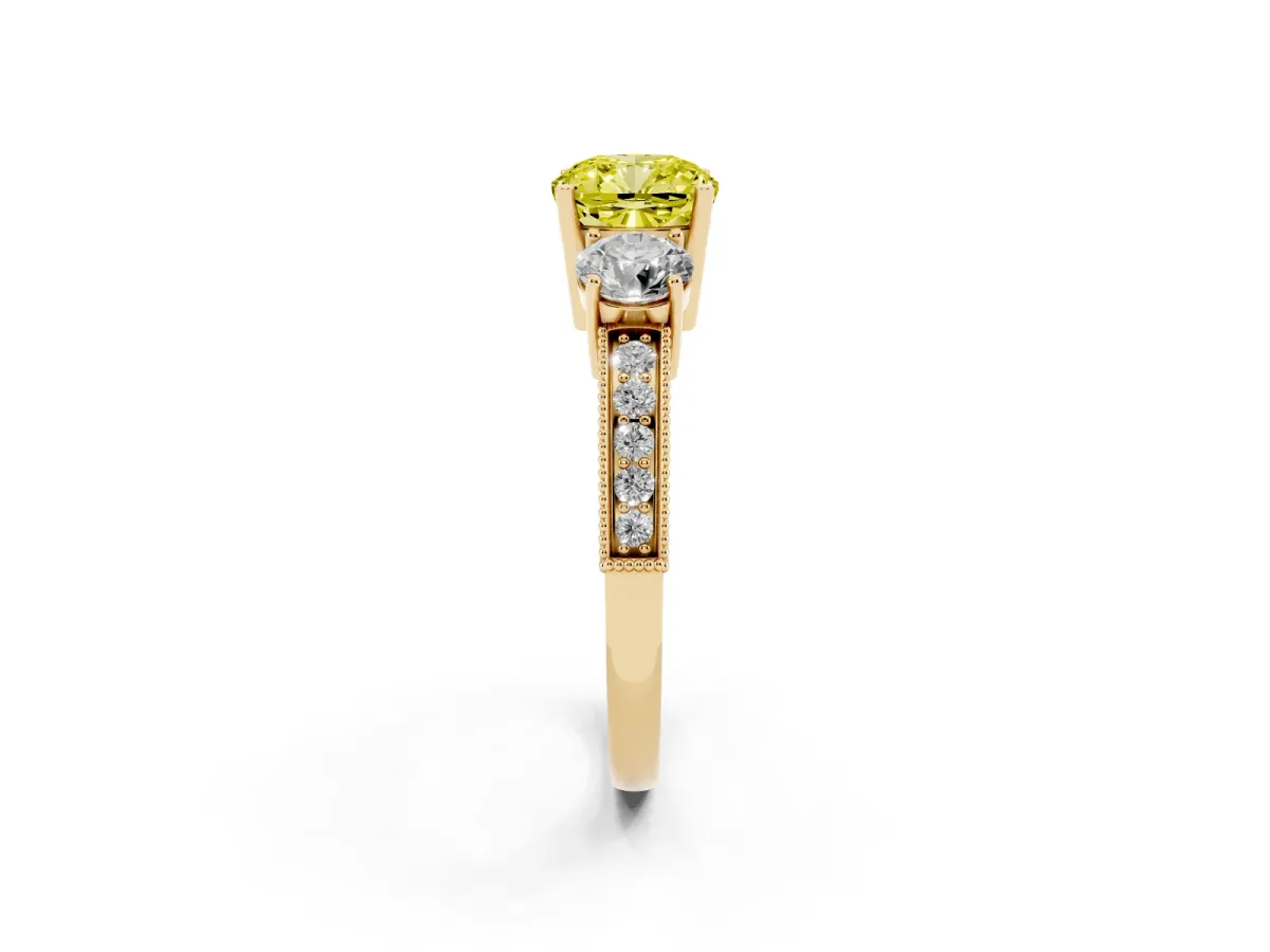 Fancy Yellow Cushion Cut Three-Stone Diamond Ring with Pavé Band and Four-Prong Setting Yellow gold