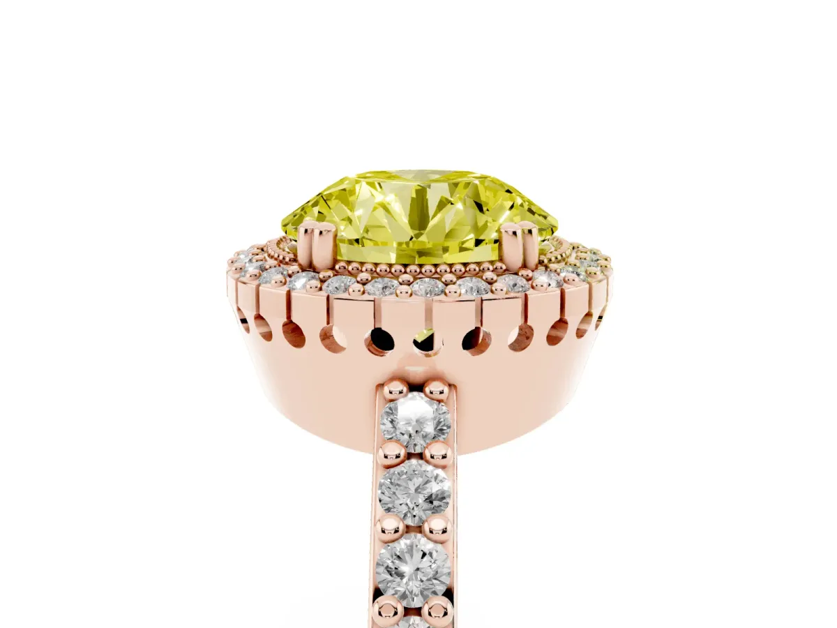 Fancy Yellow Round Cut Cut Diamond Halo Engagement Ring with Milgrain Detail and Pavé Band Rose gold