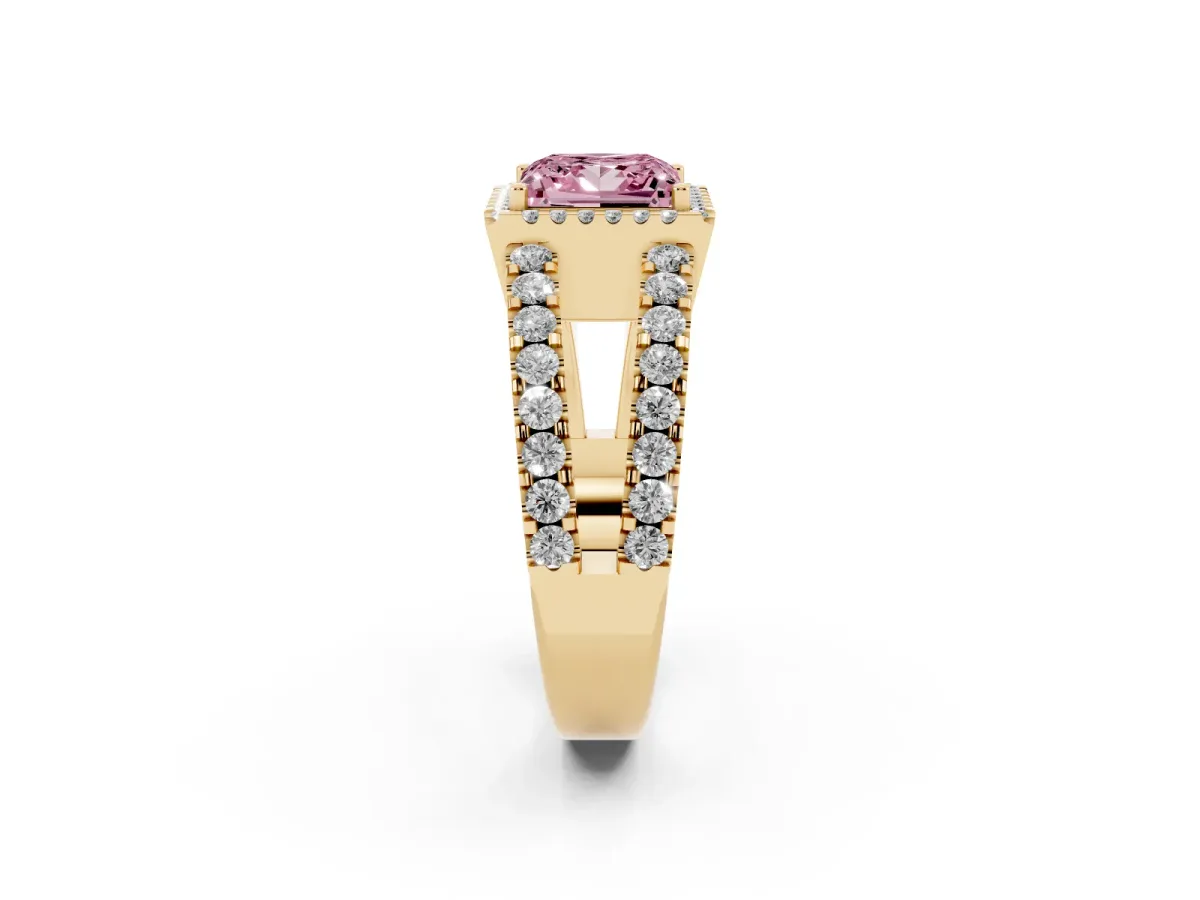 Fancy Pink Princess Cut Cut Halo Split Shank Diamond Ring with Four-Prong Setting Yellow gold