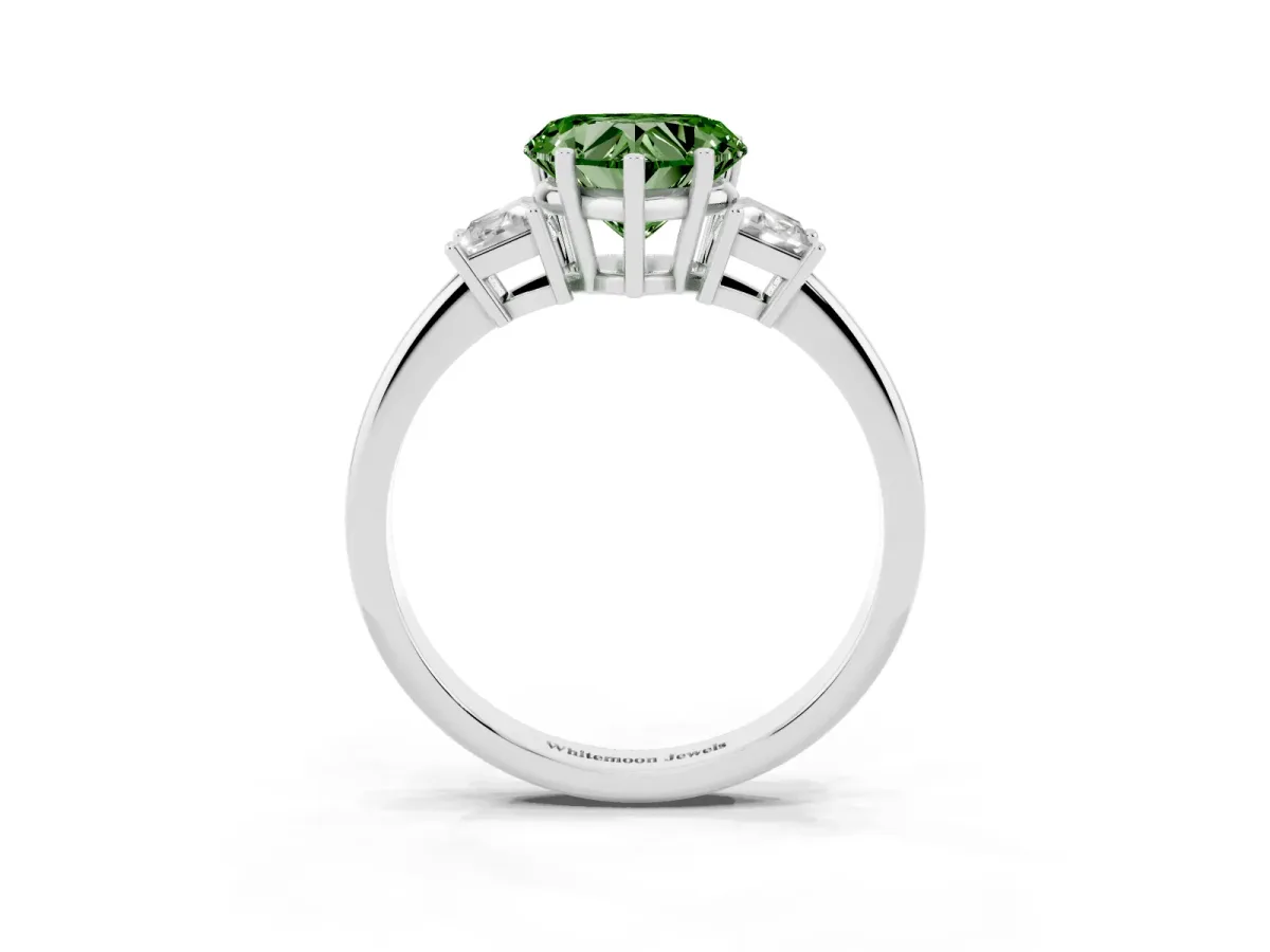 Fancy Green Heart Cut Diamond Three-Stone Ring with Trapezoid Side Stones and Prong Setting Silver