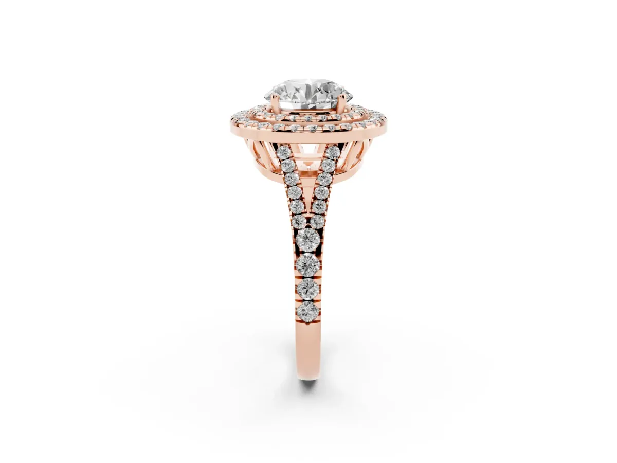 Round Cut Diamond Double Halo Ring with Pavé Band and Prong Setting Rose gold