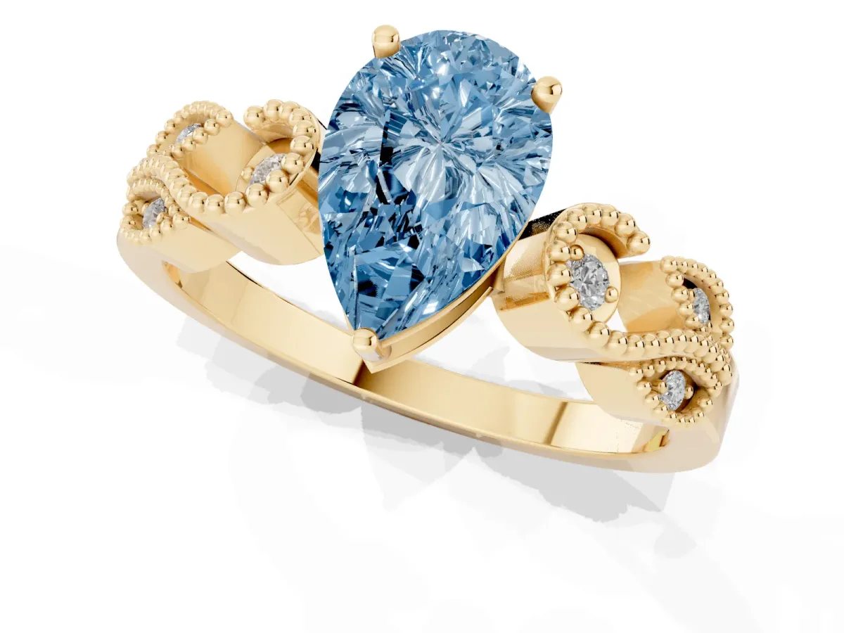 Fancy Blue Pear Cut Solitaire Milgrain Leaf Band with Prong Setting Yellow gold