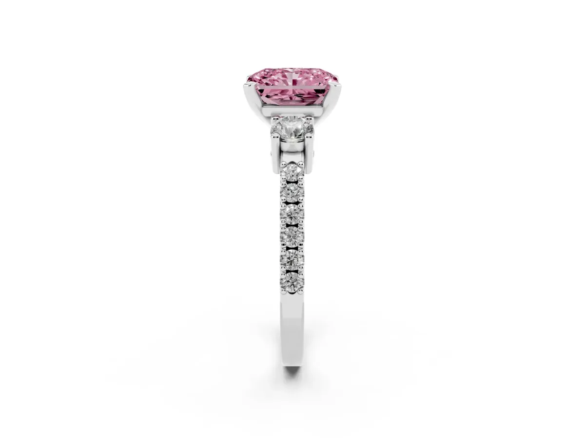 Fancy Pink Radiant Cut Three-Stone Diamond Pavé Band with Prong Setting Platinum