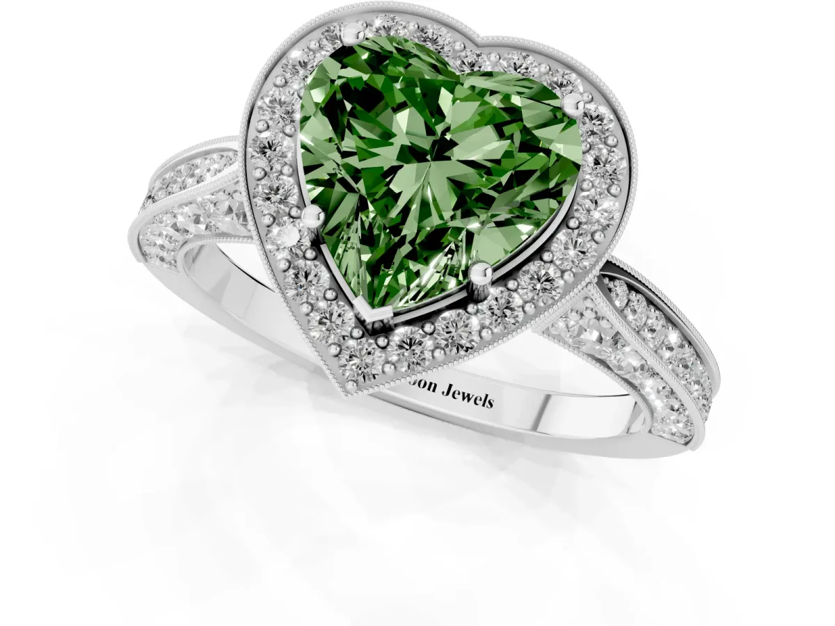 Fancy Green Heart Cut Halo Diamond Engagement Ring with Split Shank Band and Four-Prong Setting Silver