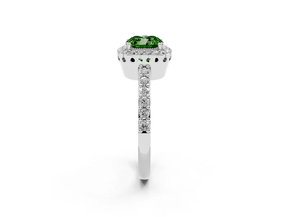 Fancy Green Cushion Cut Cut Diamond Halo Engagement Ring with Milgrain Detail and Pavé Band Platinum