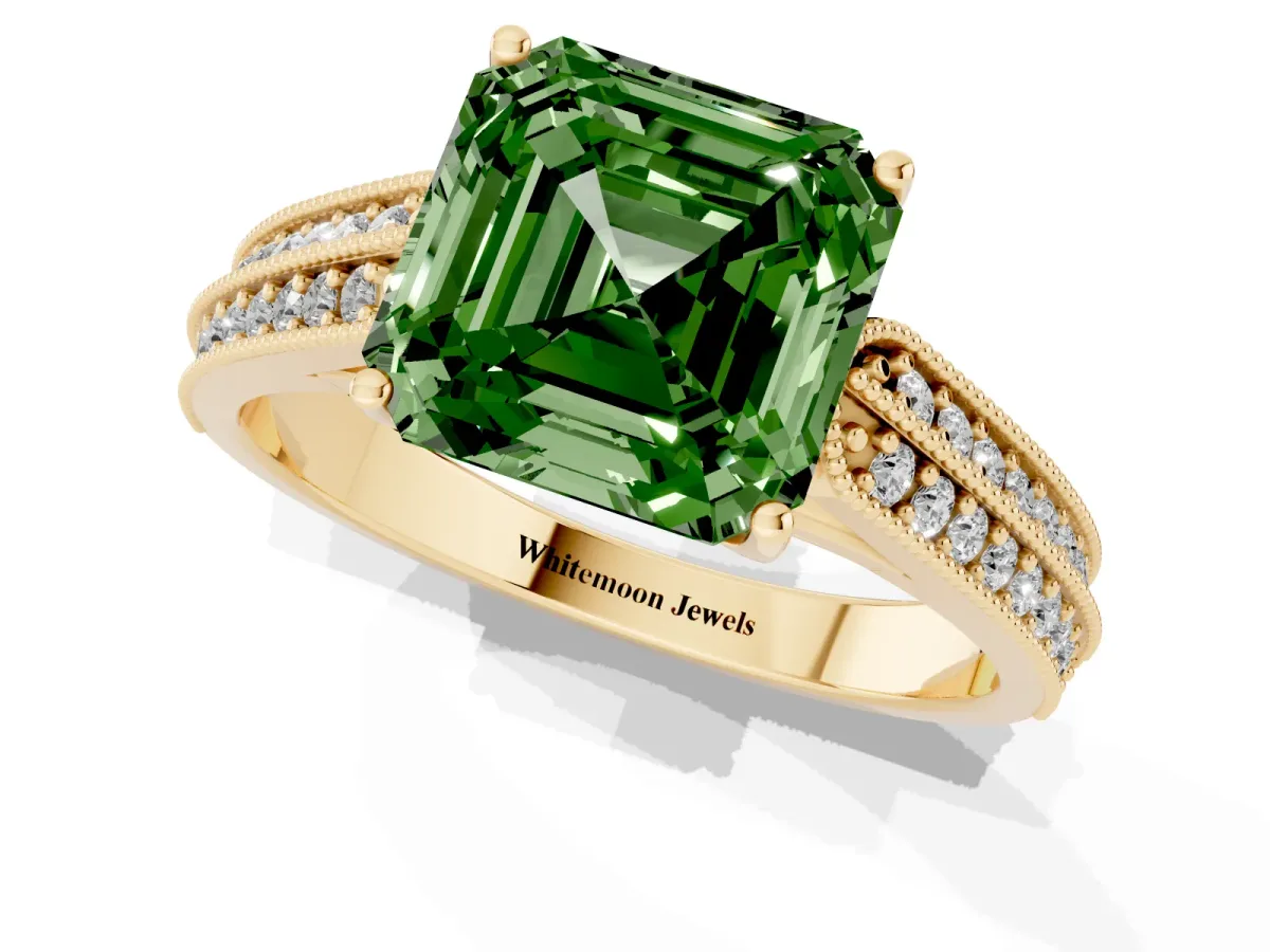 Fancy Green Asscher Cut Cut Pave Split Shank Engagement Ring with Four-Prong Setting Yellow gold
