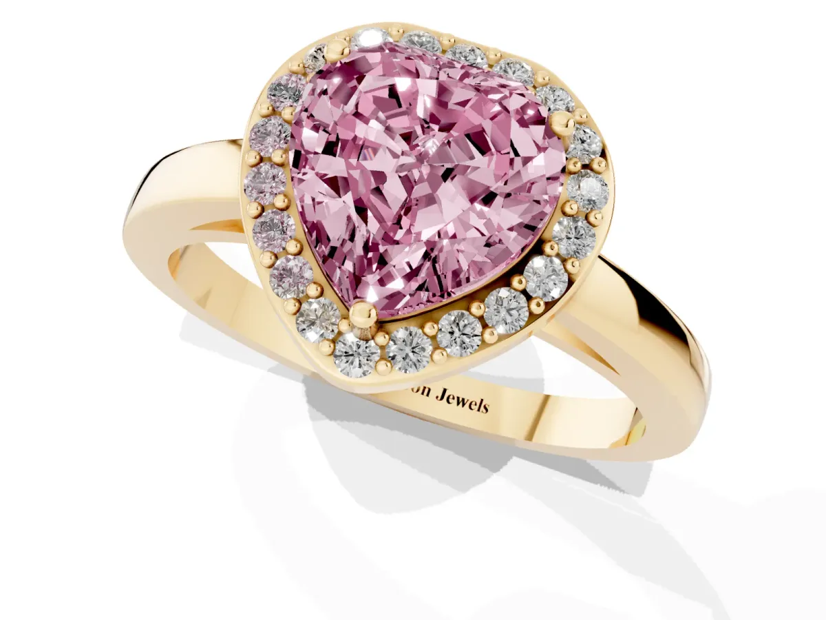 Fancy Pink Heart Cut Halo Diamond Ring with Solitaire Band and Prong Setting Yellow gold