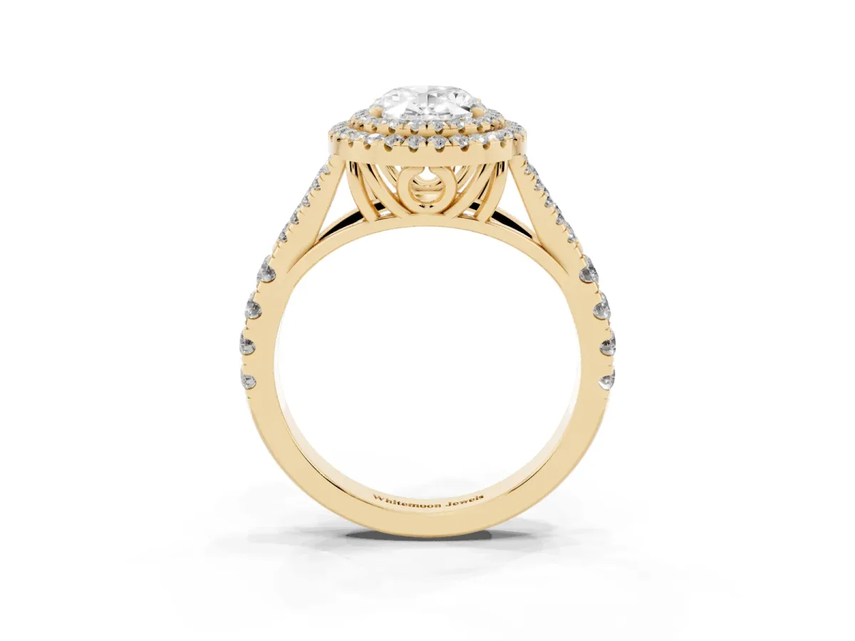 Oval Cut Cut Double Halo Split Shank Diamond Ring with Prong Setting Yellow gold