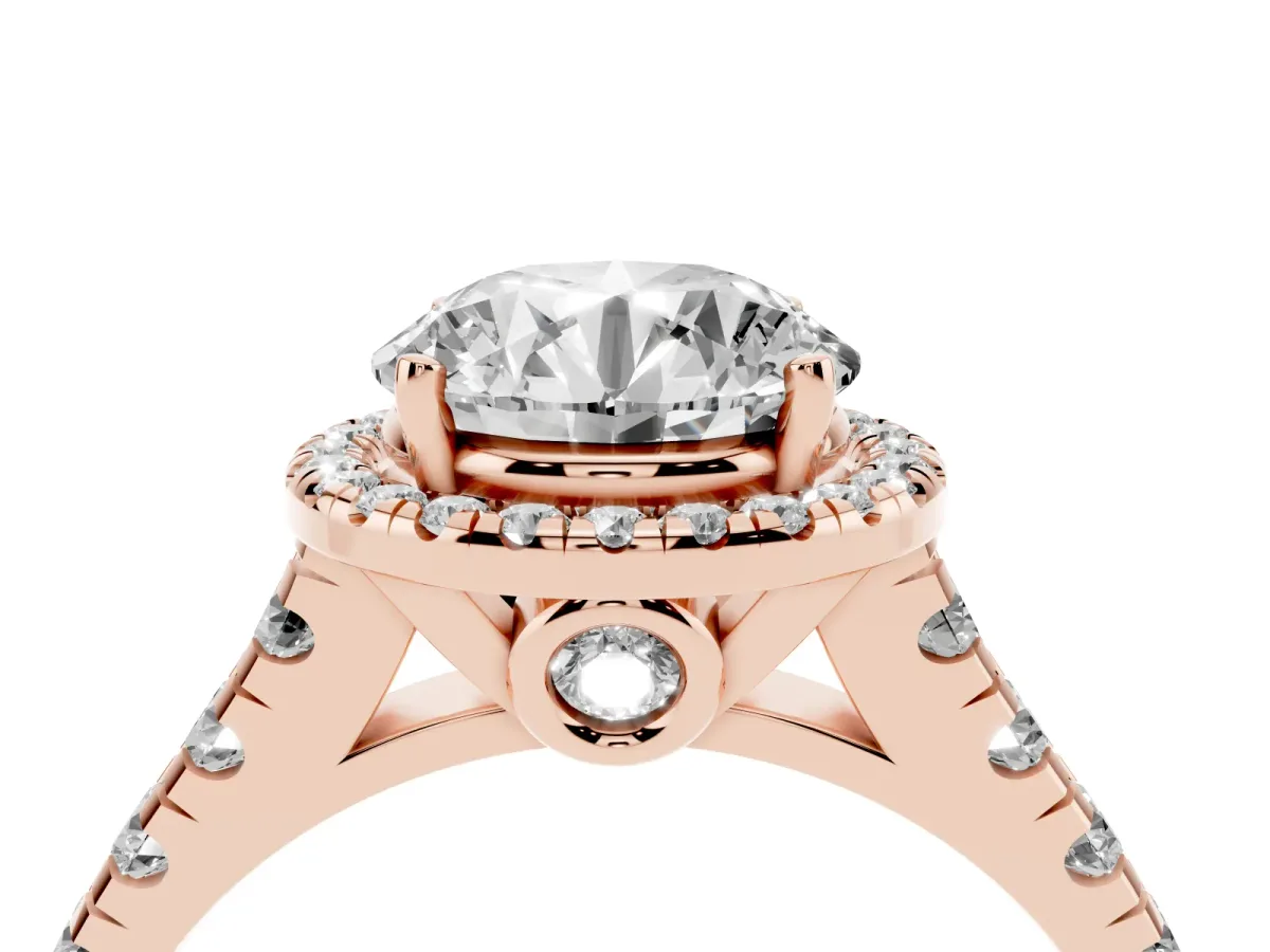 Round Cut Halo Pavé Diamond Engagement Ring with Four-Prong Setting Rose gold