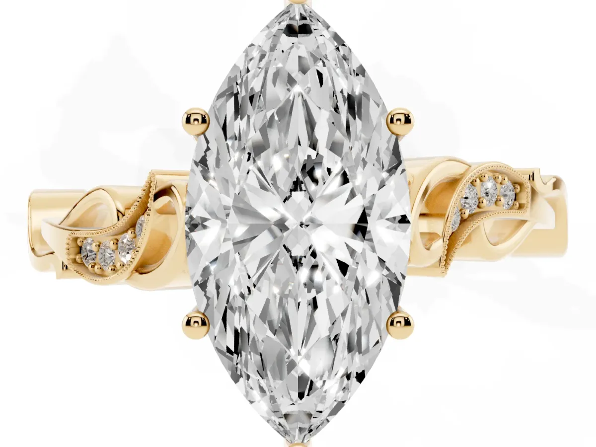 Marquise Cut Solitaire Vine Band with Milgrain Prong Setting Yellow gold