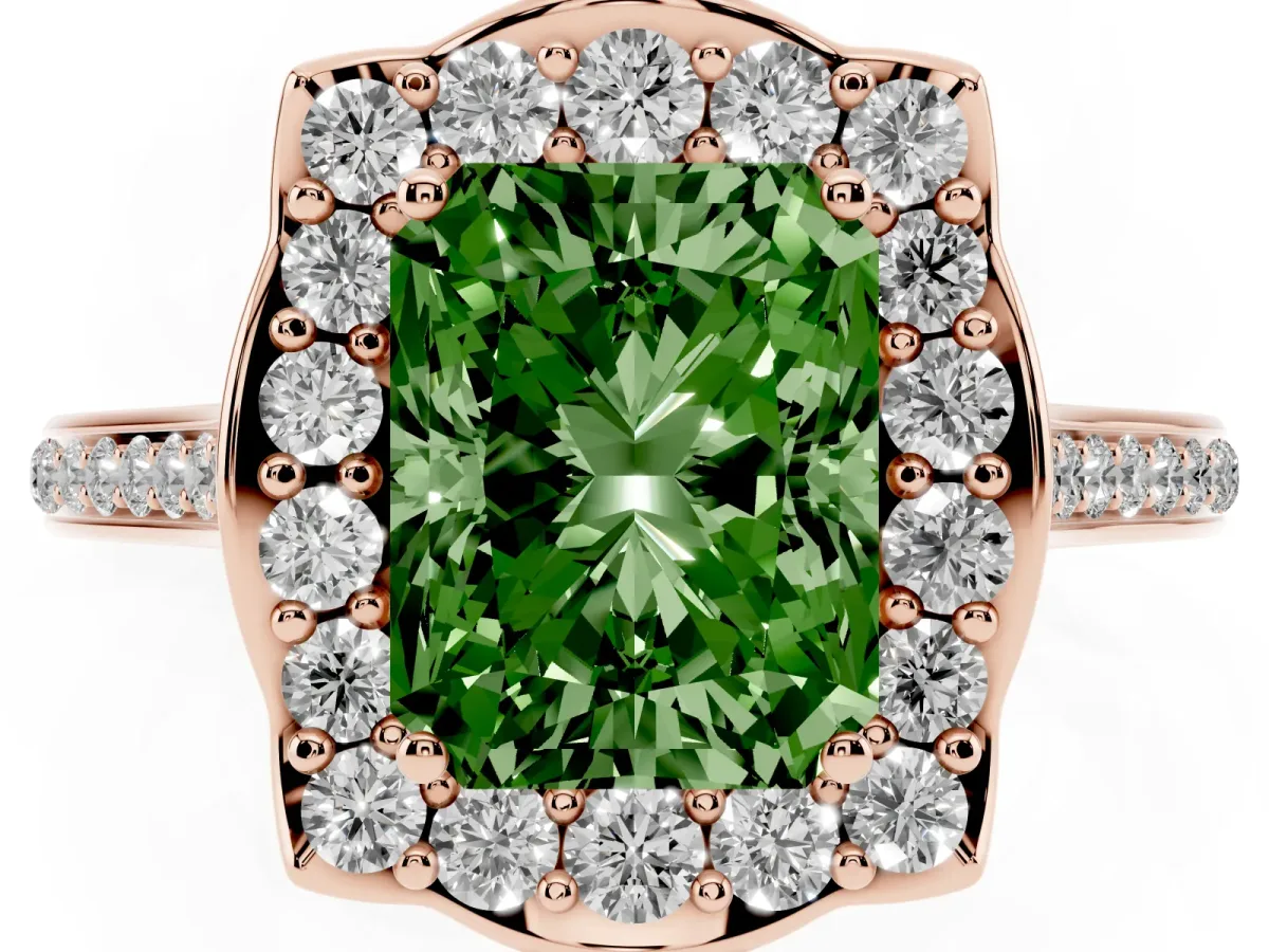 Fancy Green Radiant Cut Halo Round Diamond Pave Band with Four-Prong Setting Rose gold