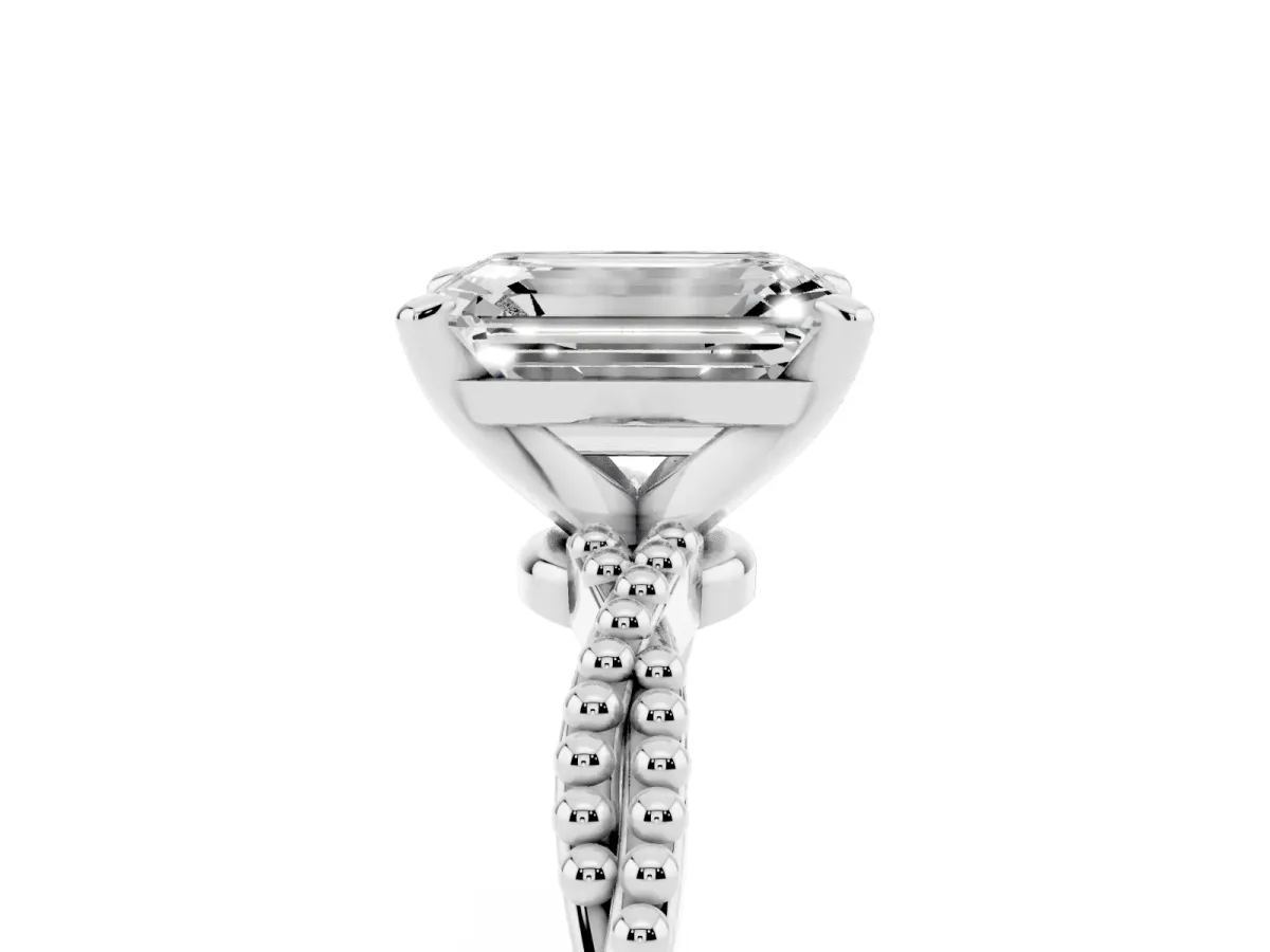 Emerald Cut Solitaire Twisted Band with Bead Prong Setting Silver