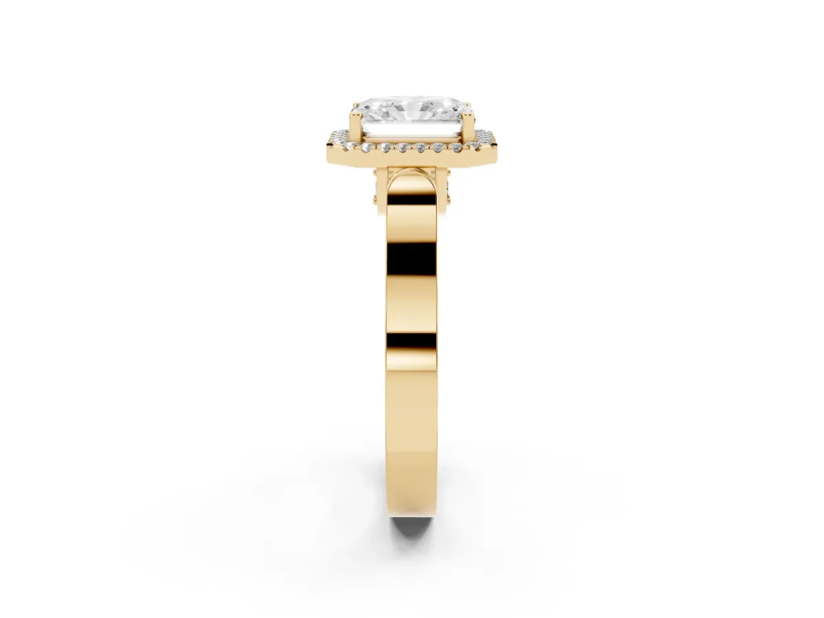 Radiant Cut Halo Round Diamond Twist Band with Four-Prong Setting Yellow gold