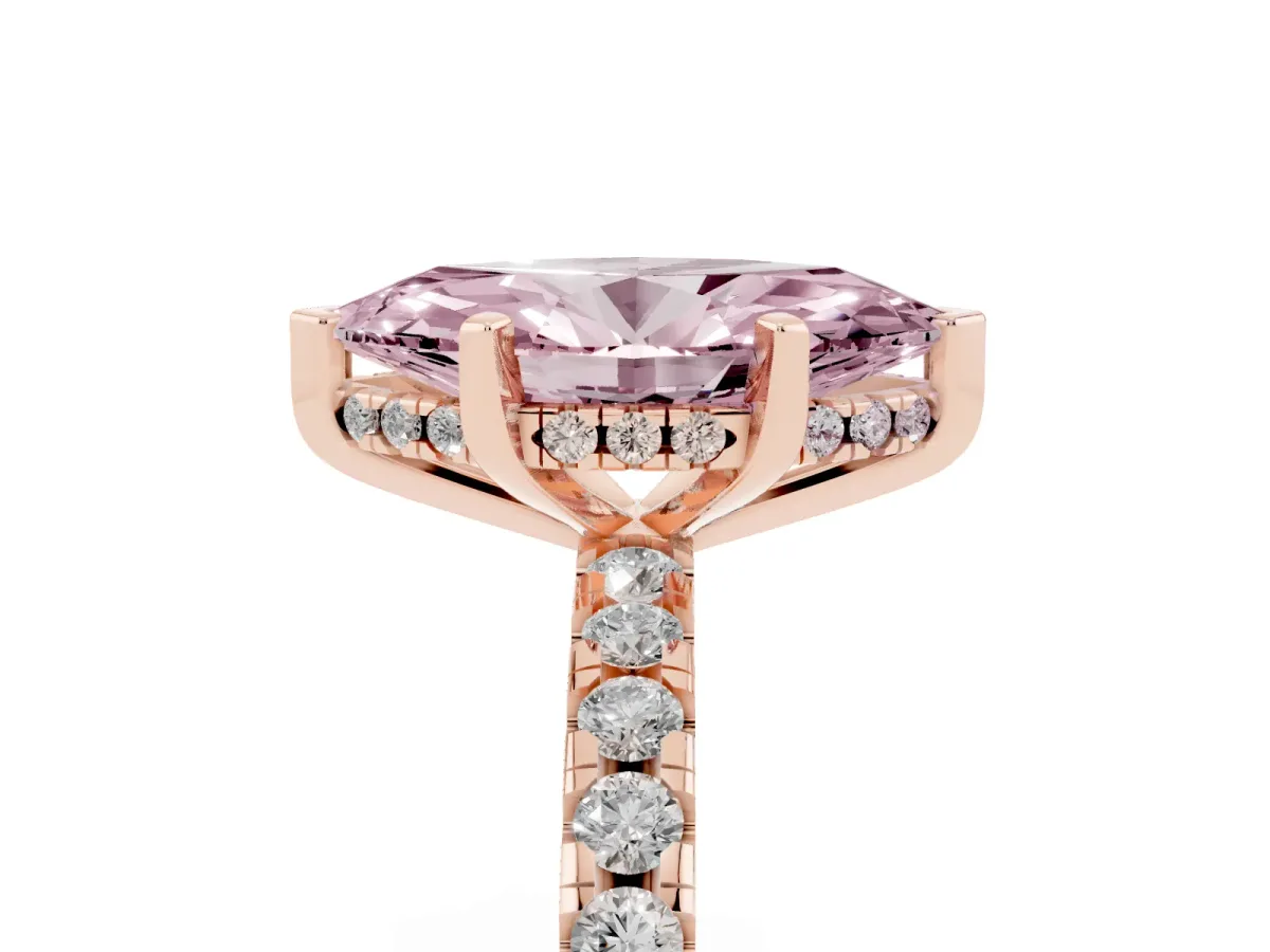 Fancy Pink Marquise Cut Diamond Solitaire Ring with Round Pavé Band and Four-Prong Setting Rose gold