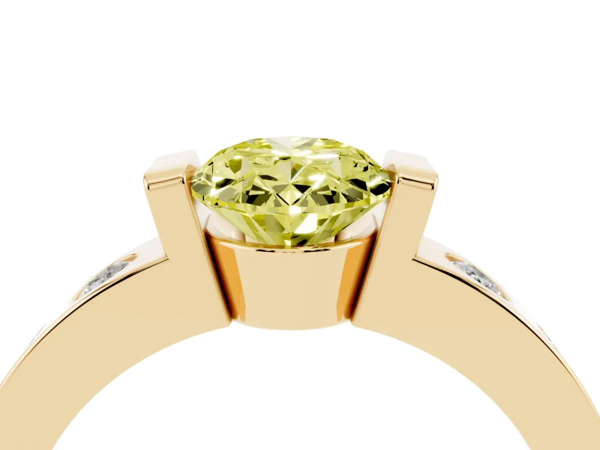 Fancy Yellow Oval Cut Brilliant Channel-Set Diamond Ring with Bezel Prong Setting Yellow gold