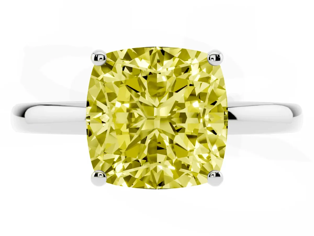 Fancy Yellow Cushion Cut Solitaire Diamond Ring with Prong Setting and Plain Band Platinum