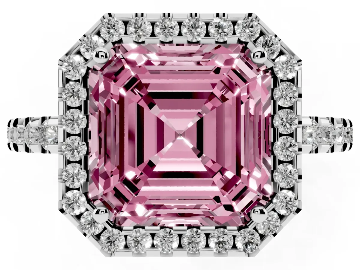Fancy Pink Asscher Cut Diamond Halo Engagement Ring with Pavé Band and Prong Setting White gold