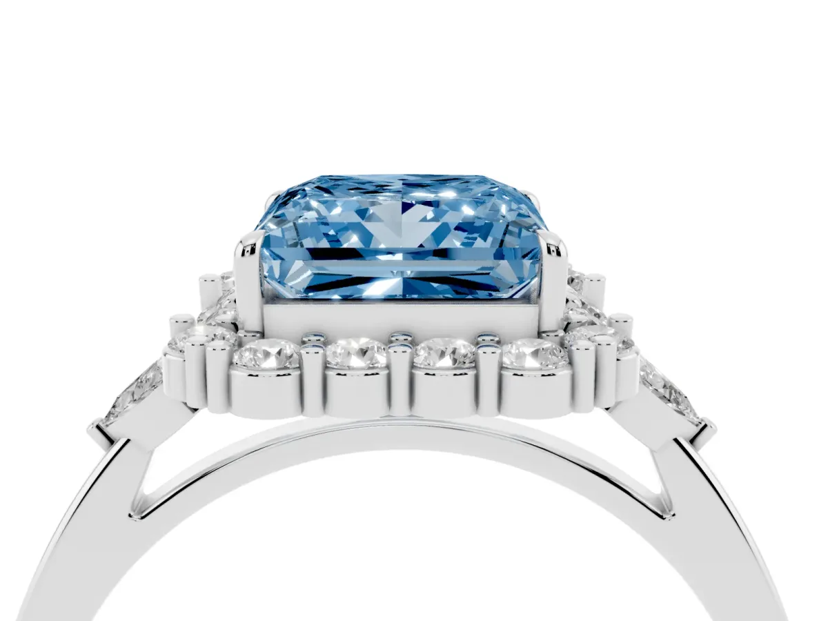Fancy Blue Princess Cut Diamond Halo Ring with Pear Side Stones and Prong Setting Silver