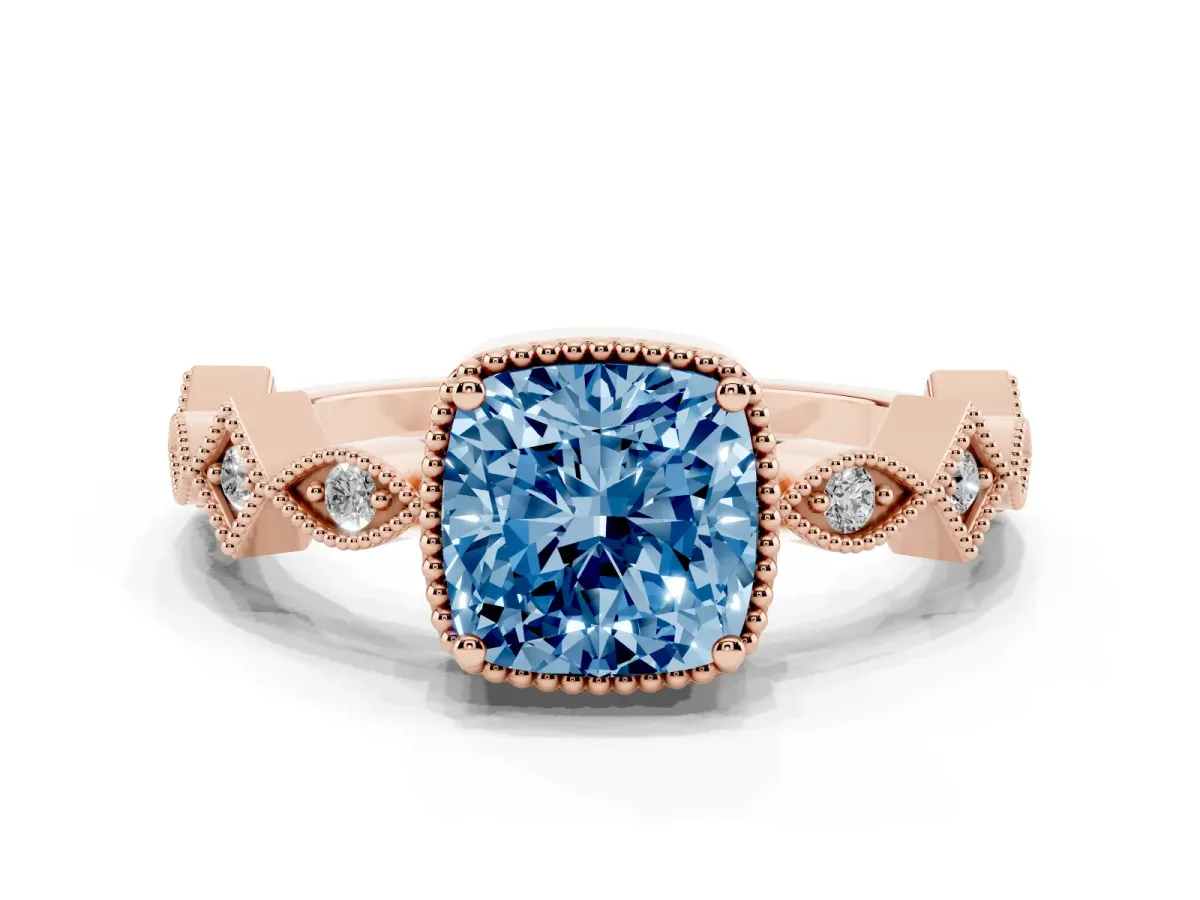 Fancy Blue Cushion Cut Milgrain Marquise Diamond Twist Band Ring Rose gold