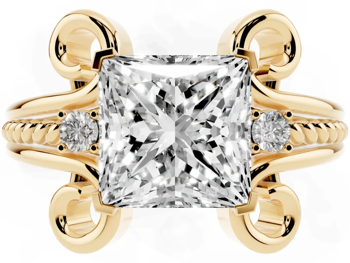 Princess Cut Solitaire Twisted Band Scroll Prong Ring Yellow gold