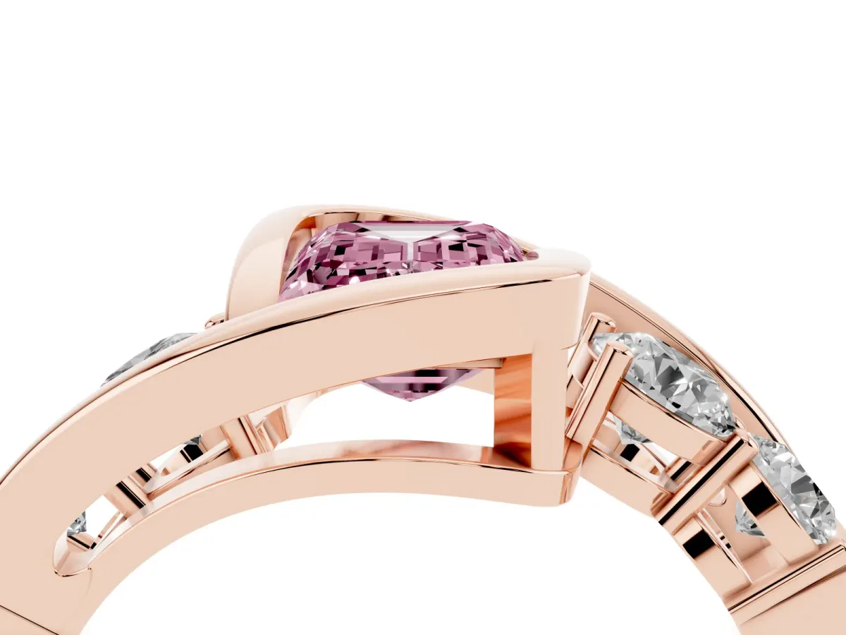 Fancy Pink Bezel Set Emerald Cut Diamond Bypass Ring with Round Accents Rose gold