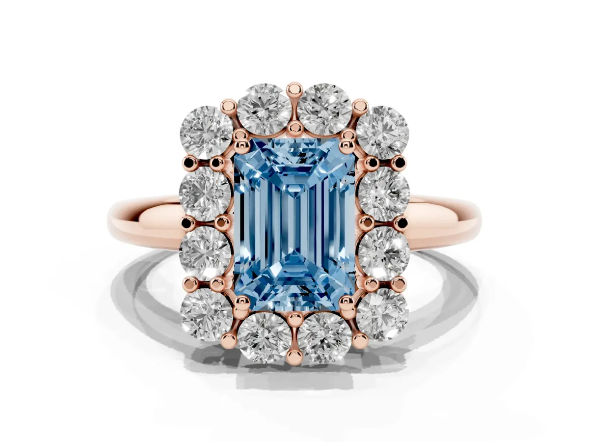 Fancy Blue Emerald Cut Halo Cluster Diamond Engagement Ring with Prong Setting and Polished Band Rose gold