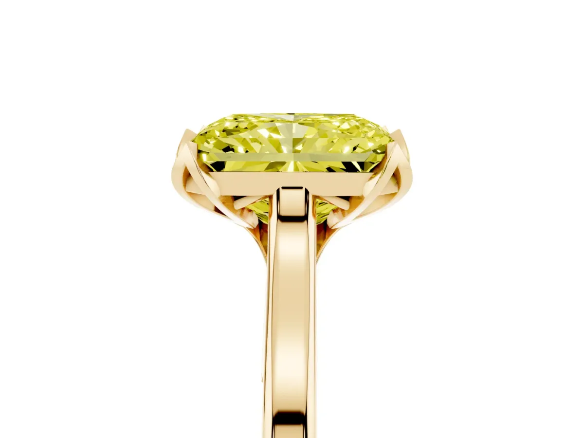 Fancy Yellow Radiant Cut Diamond Solitaire Ring with Flower Prong Setting and Classic Band Yellow gold