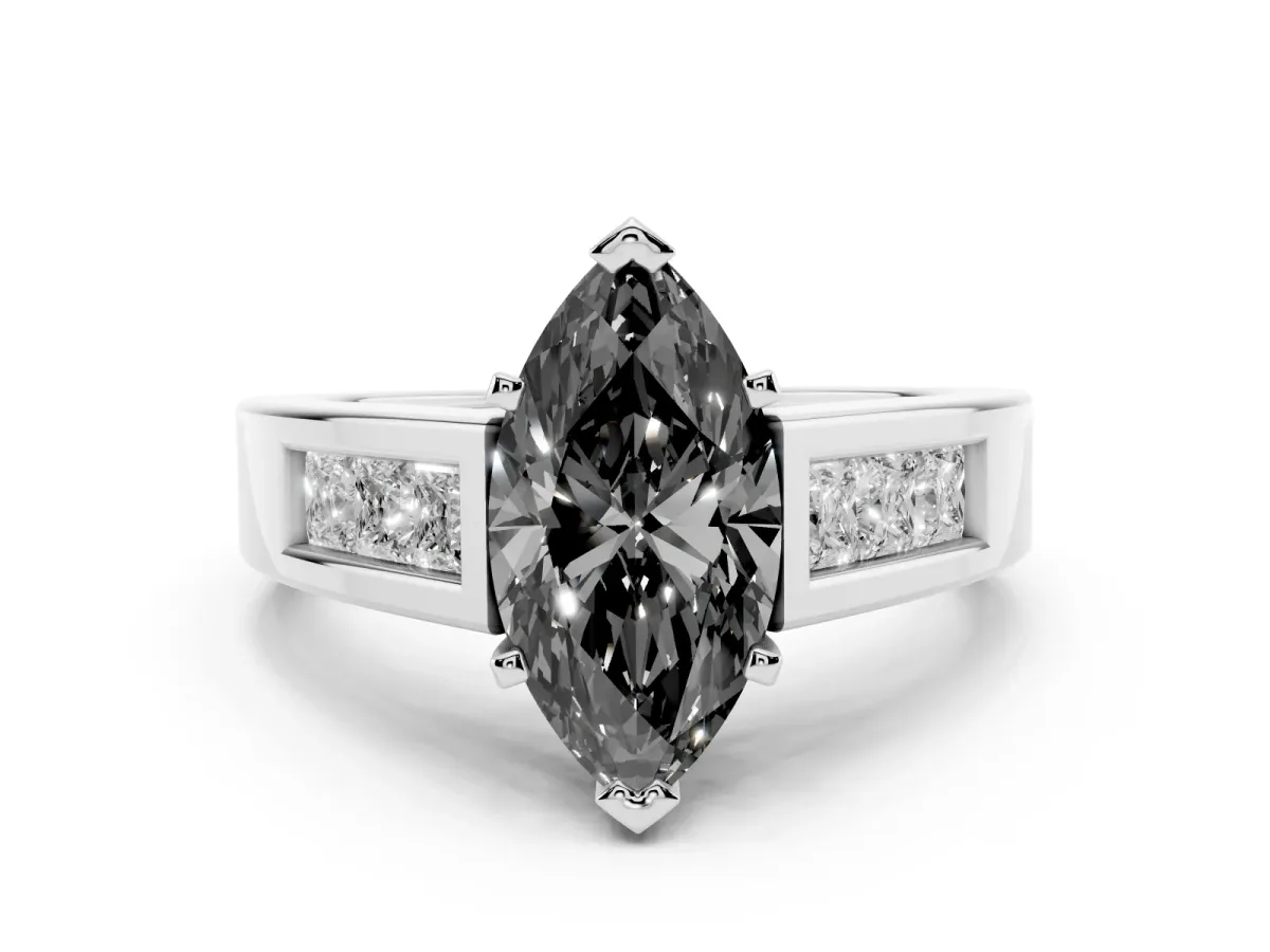 Fancy Black Marquise Cut Cut Channel Set Solitaire Ring with Four-Prong Setting Silver