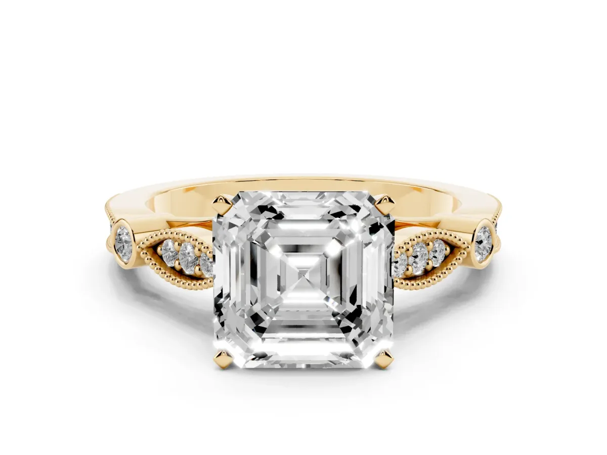 Asscher Cut Cut Diamond with Milgrain Marquise and Bezel Accents on a Solitaire Band with Prong Setting Yellow gold